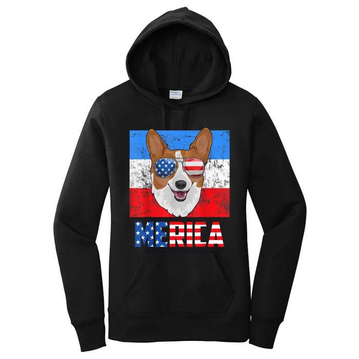 Corgi Dog Patriotic USA 4th Of July American Flag Merica Women's Pullover Hoodie