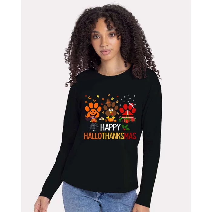 Cat Dog Paw Print Happy Hallothanksmas Halloween Christmas Funny Gift Womens Cotton Relaxed Long Sleeve T-Shirt