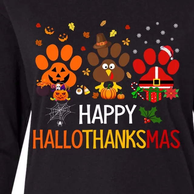 Cat Dog Paw Print Happy Hallothanksmas Halloween Christmas Funny Gift Womens Cotton Relaxed Long Sleeve T-Shirt