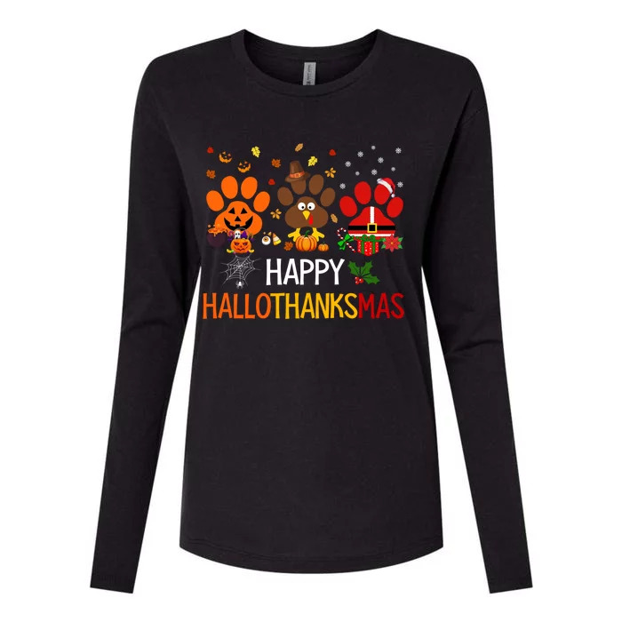 Cat Dog Paw Print Happy Hallothanksmas Halloween Christmas Funny Gift Womens Cotton Relaxed Long Sleeve T-Shirt