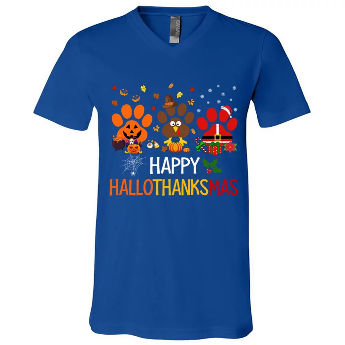 Cat Dog Paw Print Happy Hallothanksmas Halloween Christmas Funny Gift V-Neck T-Shirt