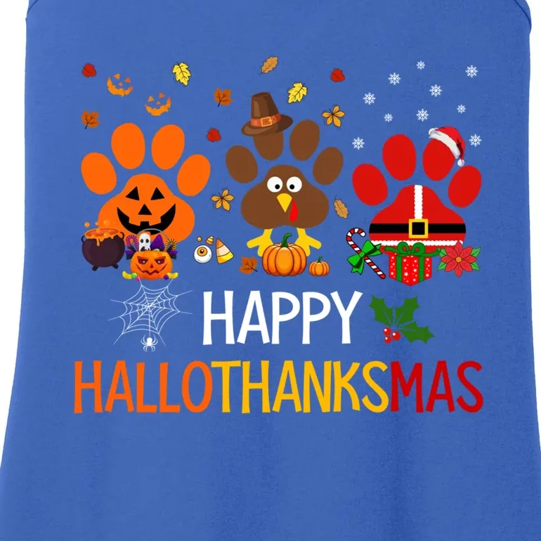 Cat Dog Paw Print Happy Hallothanksmas Halloween Christmas Funny Gift Ladies Essential Tank