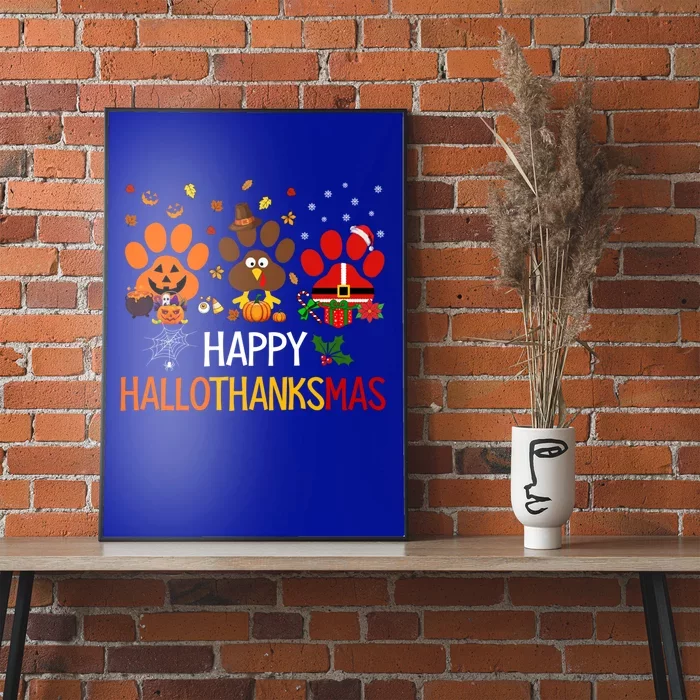 Cat Dog Paw Print Happy Hallothanksmas Halloween Christmas Funny Gift Poster