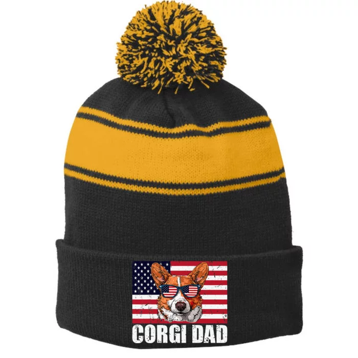 Corgi Dad Pembroke Welsh Corgi Us Flag Dog Lover Stripe Pom Pom Beanie