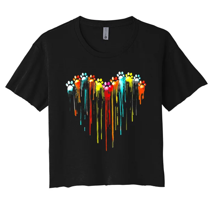 Colorful Dog Paw Heart Print Women's Crop Top Tee