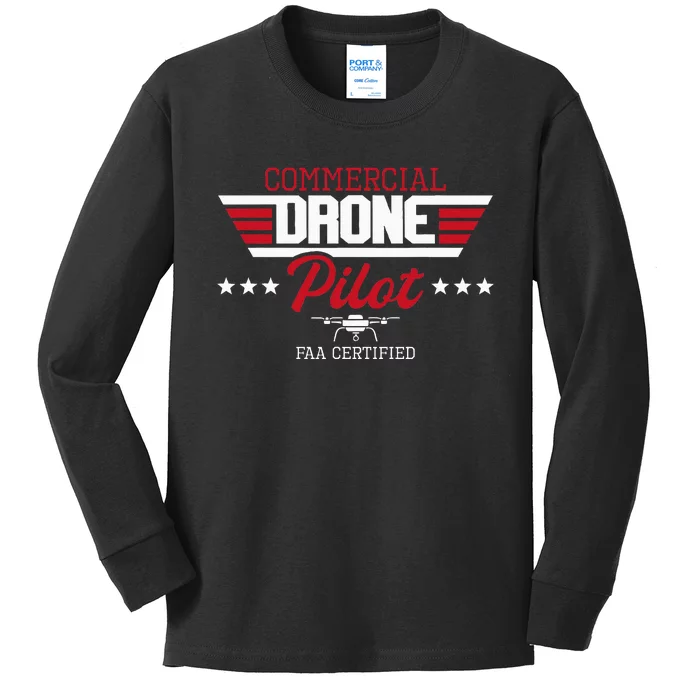 Commercial Drone Pilot Aviator Quadcopter Faa Certified Kids Long Sleeve Shirt