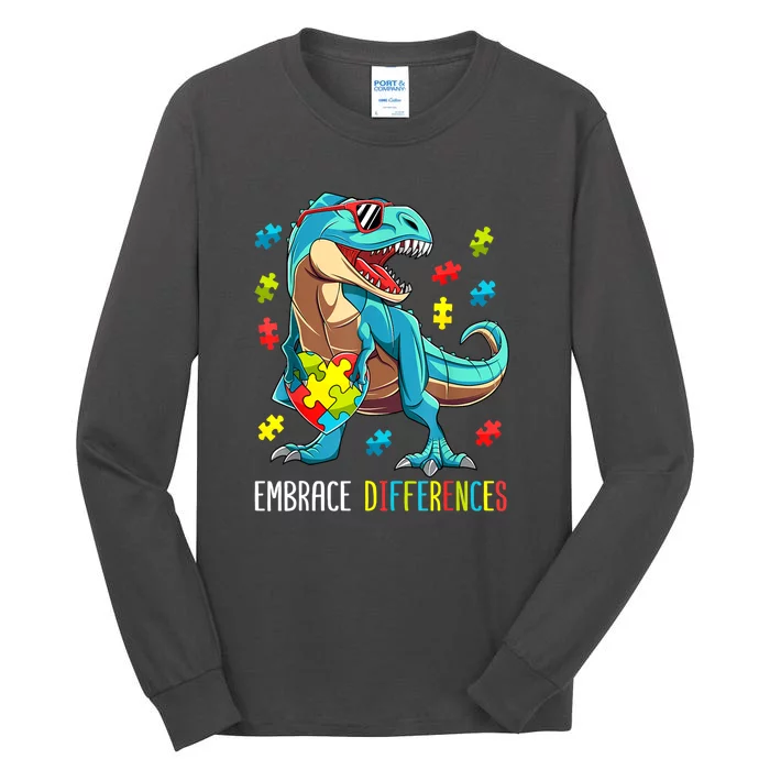 Cute Dinosaur Puzzles T Rex For Boy Gift Autism Awareness Tall Long Sleeve T-Shirt