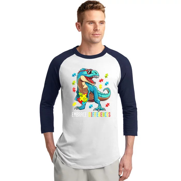 Cute Dinosaur Puzzles T Rex For Boy Gift Autism Awareness Baseball Sleeve Shirt