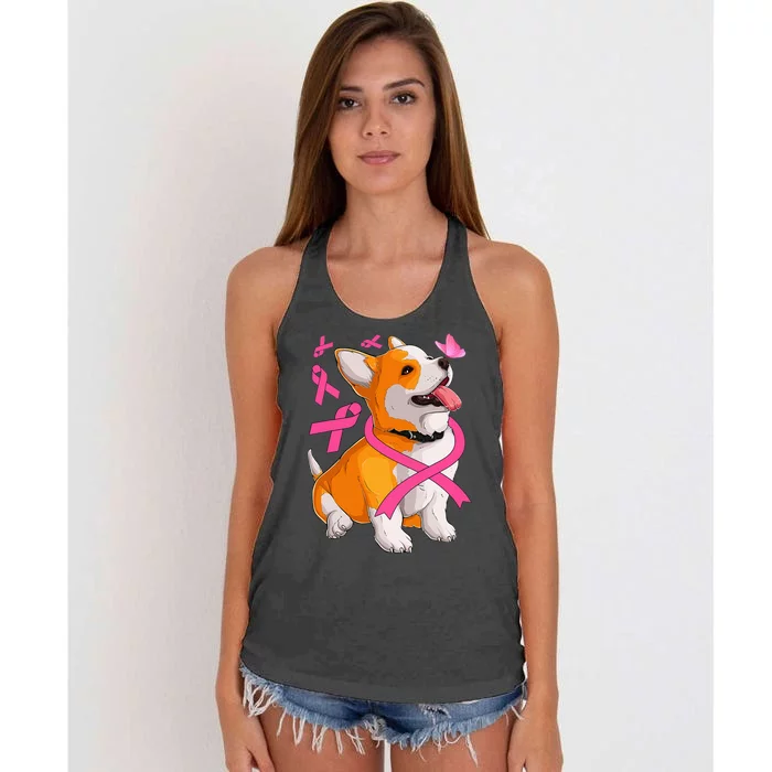 Corgi Dog Pink Ribbon Breast Cancer Awareness Girls Women's Knotted Racerback Tank