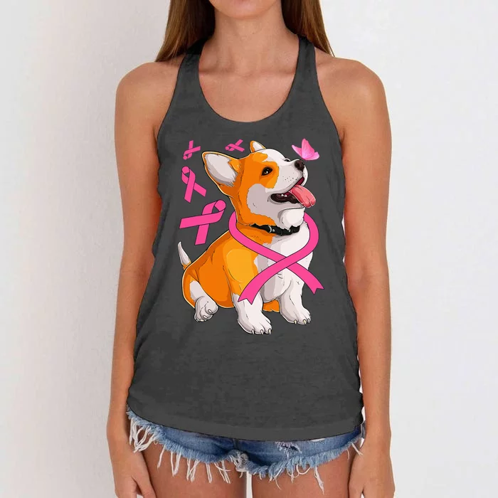 Corgi Dog Pink Ribbon Breast Cancer Awareness Girls Women's Knotted Racerback Tank