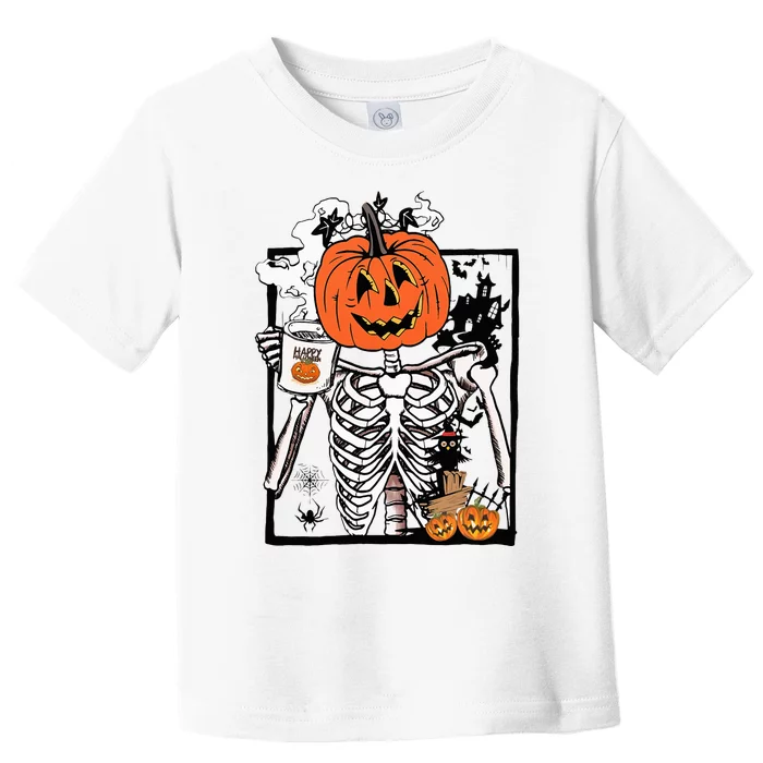 Coffee Drinking Pumpkin Head Skeleton Halloween Costumes Toddler T-Shirt