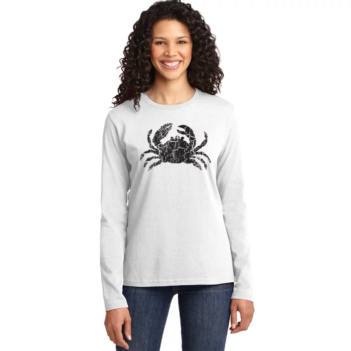 Crab Distressed Print Vintage Crab Ladies Long Sleeve Shirt