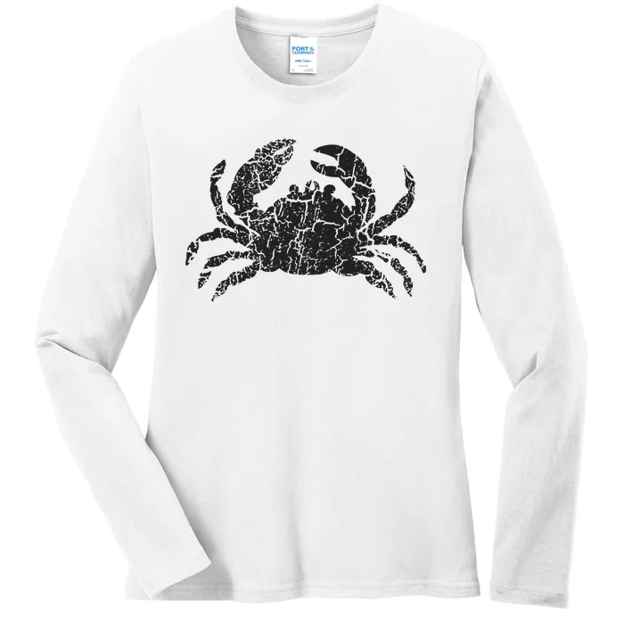 Crab Distressed Print Vintage Crab Ladies Long Sleeve Shirt