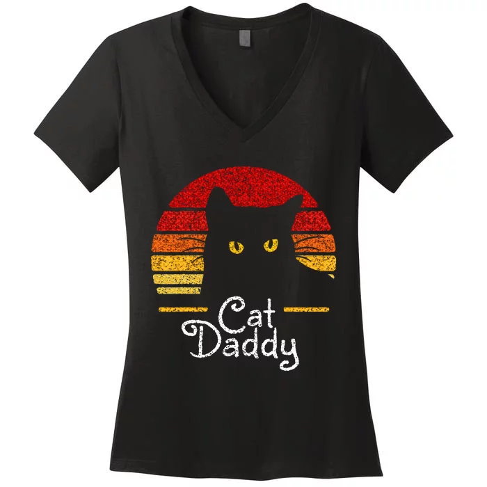 Cat Daddy Retro 70s 80s Black Cat Funny Cat Dad Women's V-Neck T-Shirt