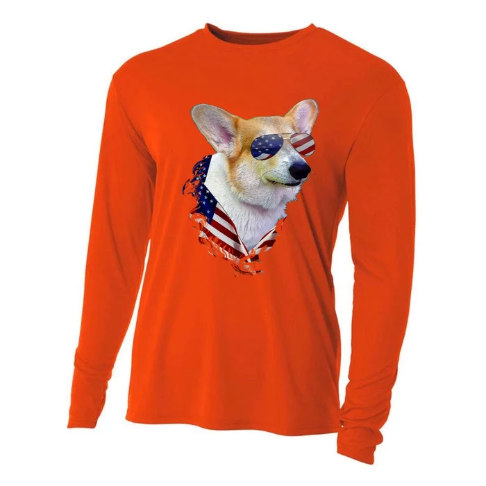 Corgi Dog Retro American Usa Flag 4 July Pop Art Corgi Lover Great Gift Cooling Performance Long Sleeve Crew