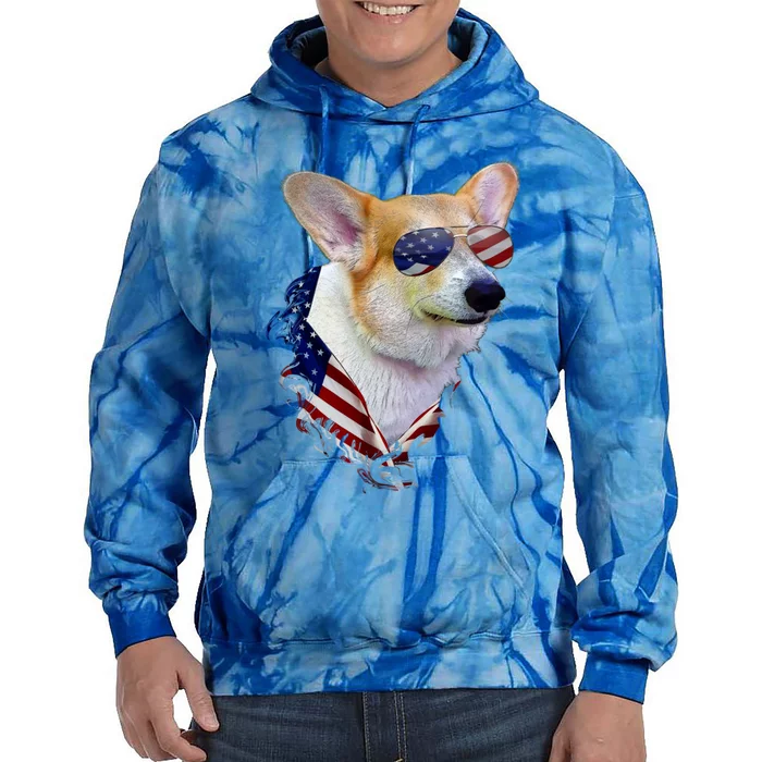 Corgi Dog Retro American Usa Flag 4 July Pop Art Corgi Lover Great Gift Tie Dye Hoodie