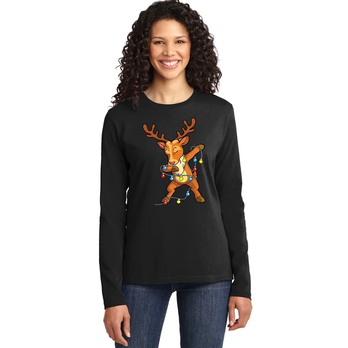 Christmas Dabbing Reindeer Cute Xmas Deer Ladies Long Sleeve Shirt