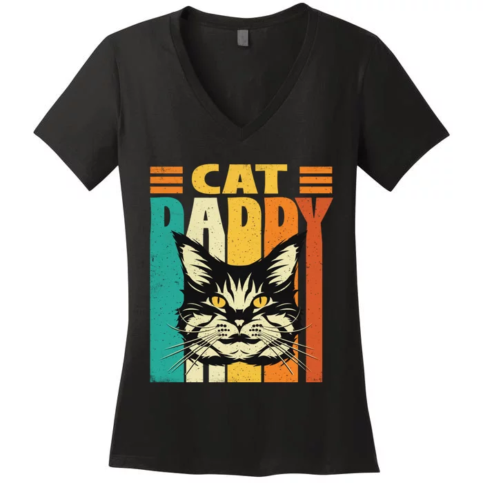 Cat Daddy Retro Vintage FatherS Day Pet Lover Women's V-Neck T-Shirt