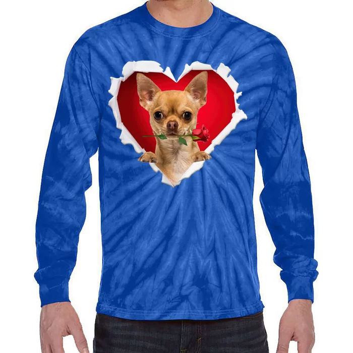 Chihuahua Dog Rose Heart Valentines Day Couple Gift Tie-Dye Long Sleeve Shirt