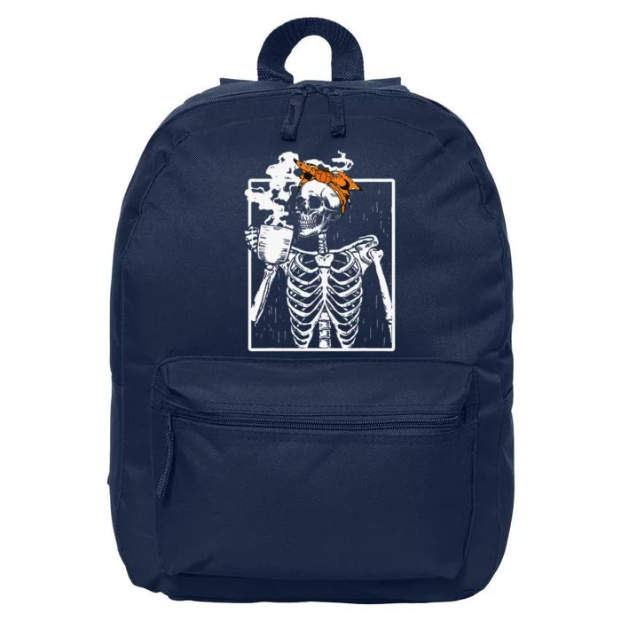 Coffee Drinking Skeleton DIY Halloween Messy Bun Women Funny 16 in Basic Backpack