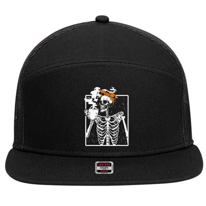 coffee drinking skeleton diy halloween messy bun 7 Panel Mesh Trucker Snapback Hat