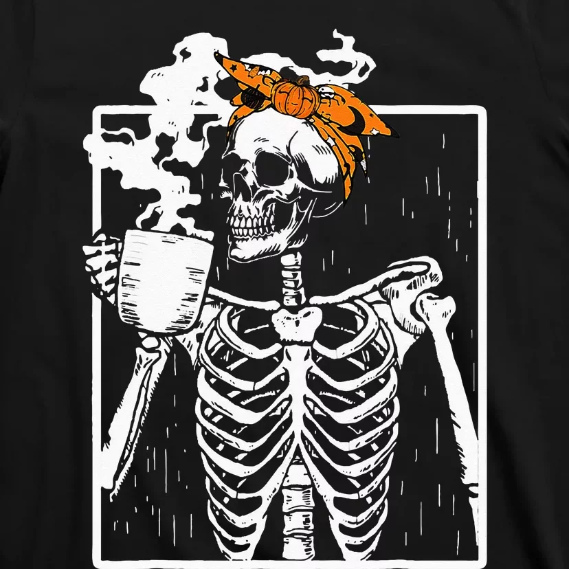 coffee drinking skeleton diy halloween messy bun T-Shirt