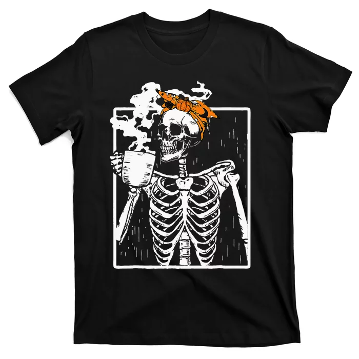 coffee drinking skeleton diy halloween messy bun T-Shirt