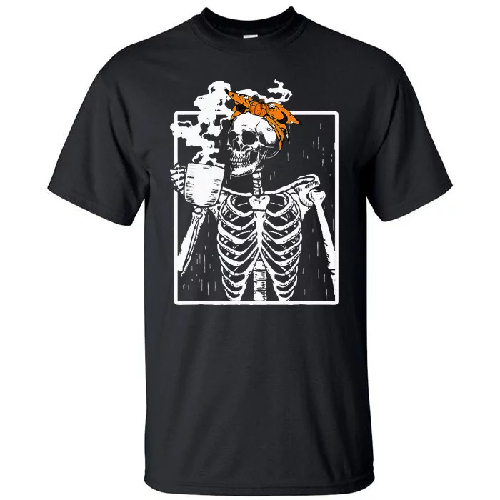 coffee drinking skeleton diy halloween messy bun Tall T-Shirt