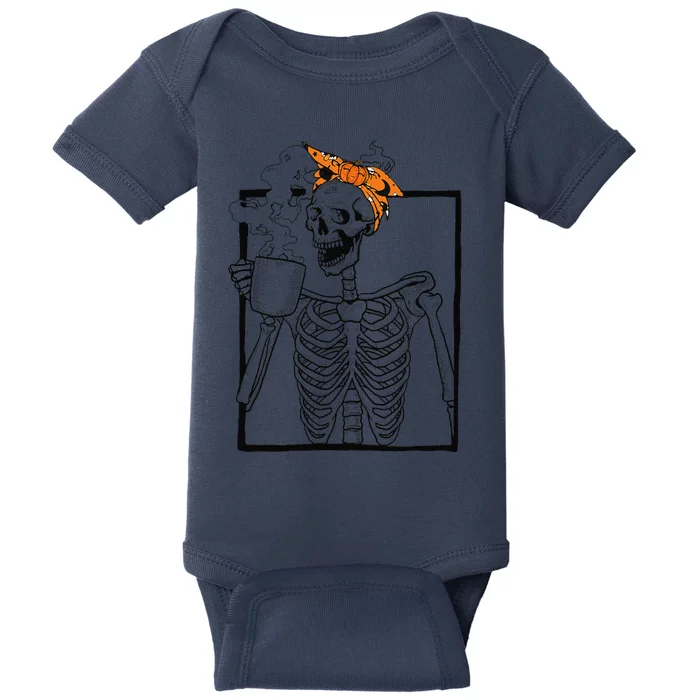 Coffee Drinking Skeleton DIY Halloween Messy Bun Women Baby Bodysuit