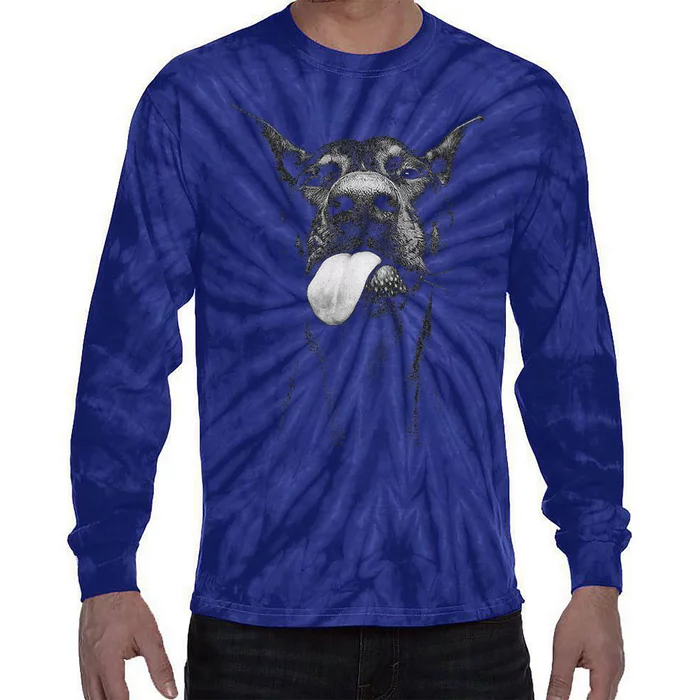 Cool Doberman Sticking Tongue Out In Playful Defiance Tie-Dye Long Sleeve Shirt