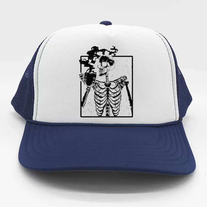 Coffee Drinking Skeleton Skull Halloween Costume Trucker Hat