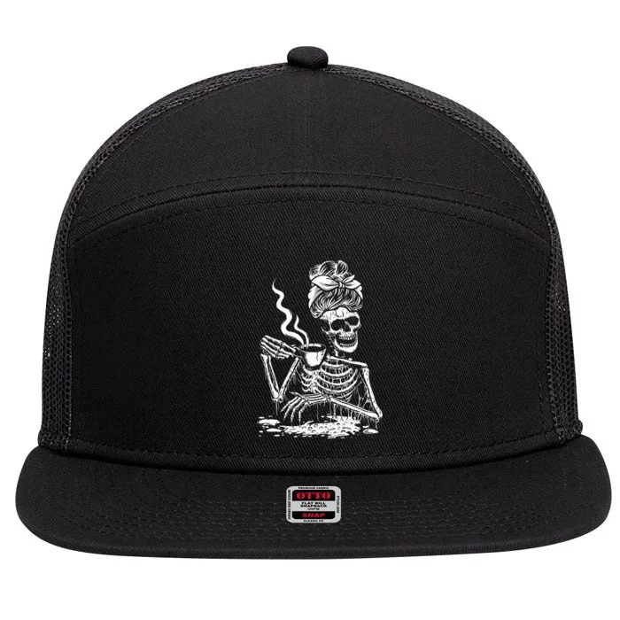 Coffee Drinking Skeleton Lazy DIY Halloween 7 Panel Mesh Trucker Snapback Hat