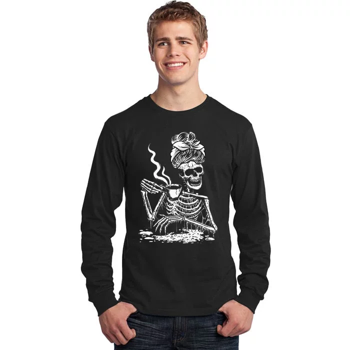 Coffee Drinking Skeleton Lazy DIY Halloween Tall Long Sleeve T-Shirt