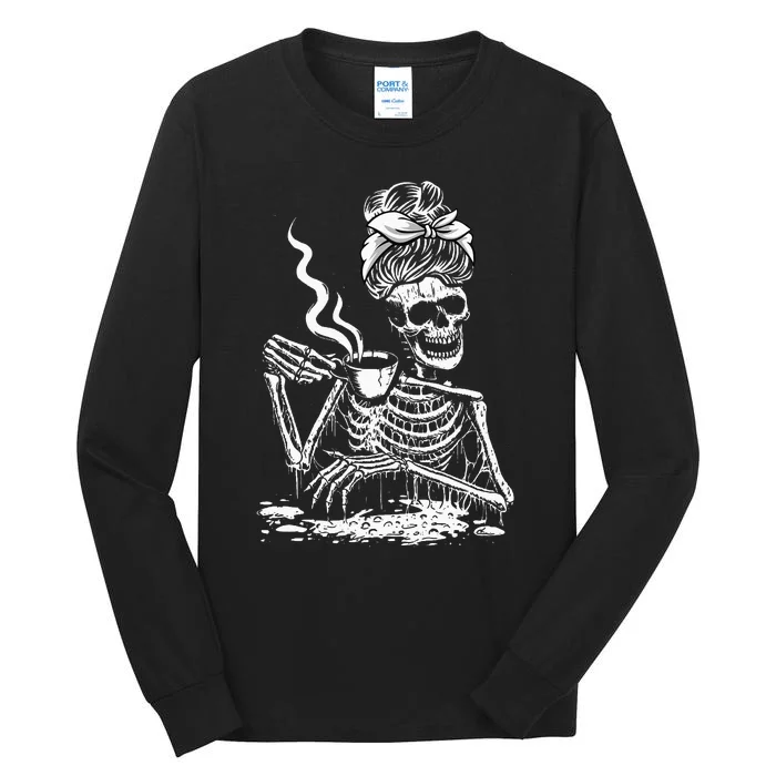 Coffee Drinking Skeleton Lazy DIY Halloween Tall Long Sleeve T-Shirt