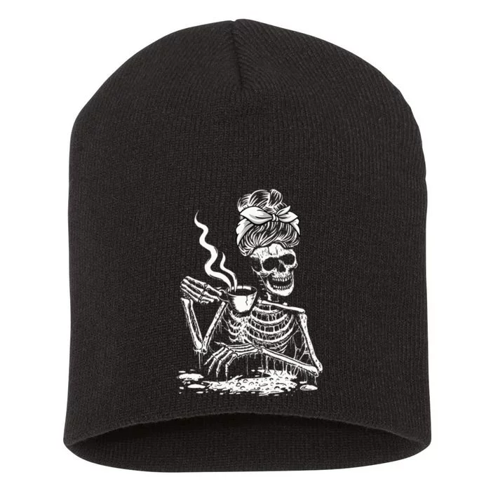 Coffee Drinking Skeleton Lazy DIY Halloween Short Acrylic Beanie