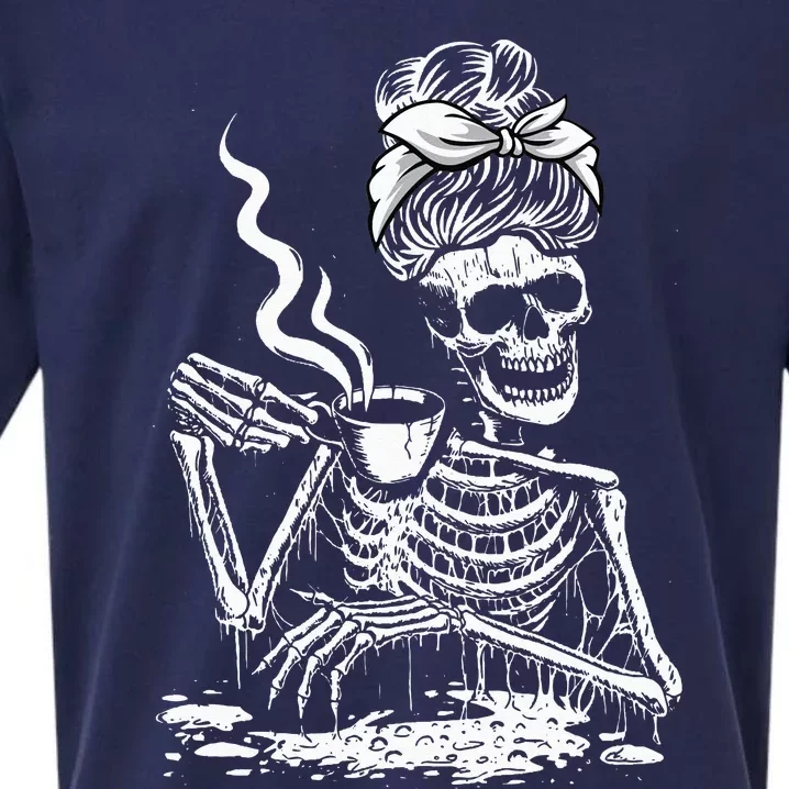 Coffee Drinking Skeleton Lazy DIY Halloween Sueded Cloud Jersey T-Shirt