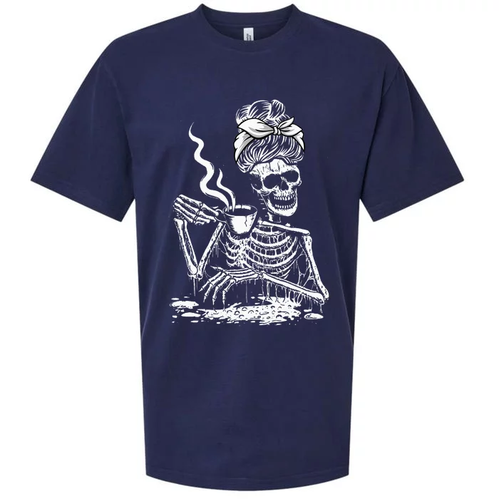 Coffee Drinking Skeleton Lazy DIY Halloween Sueded Cloud Jersey T-Shirt