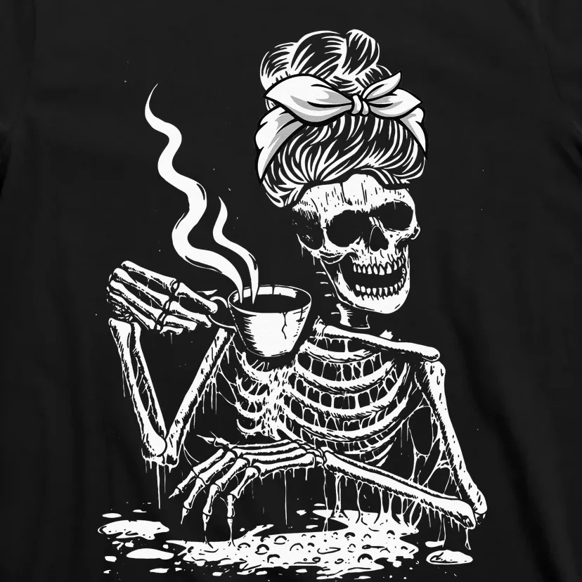 Coffee Drinking Skeleton Lazy DIY Halloween Costume Women T-Shirt