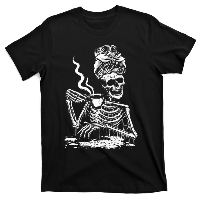 Coffee Drinking Skeleton Lazy DIY Halloween Costume Women T-Shirt