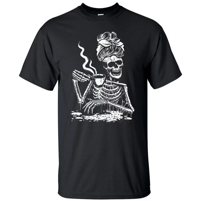 Coffee Drinking Skeleton Lazy DIY Halloween Costume Women Tall T-Shirt