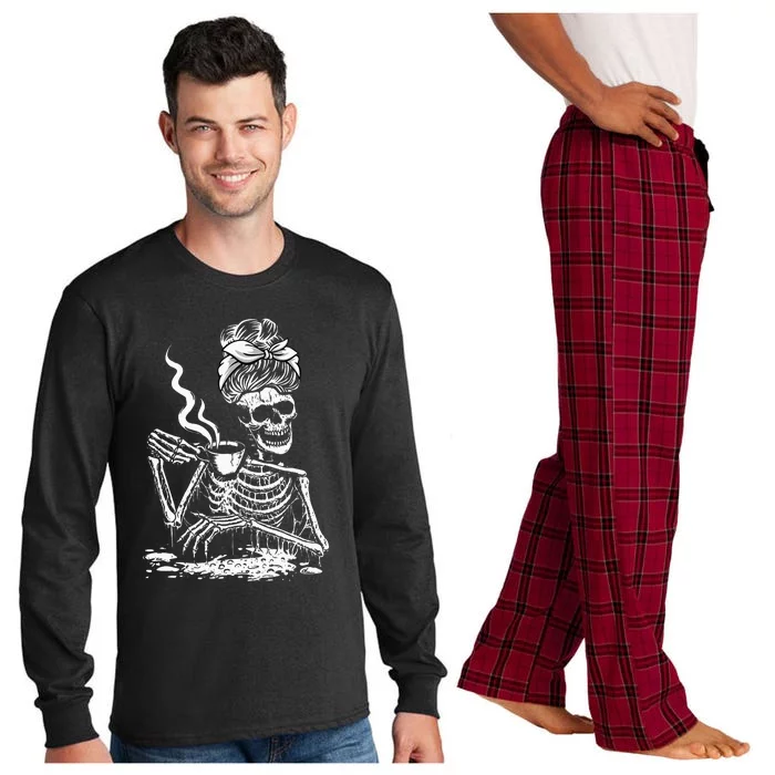 Coffee Drinking Skeleton Lazy DIY Halloween Costume Women Long Sleeve Pajama Set