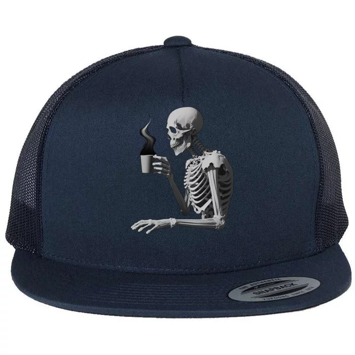 Coffee Drinking Skeleton Lazy DIY Halloween Costume Skull Flat Bill Trucker Hat