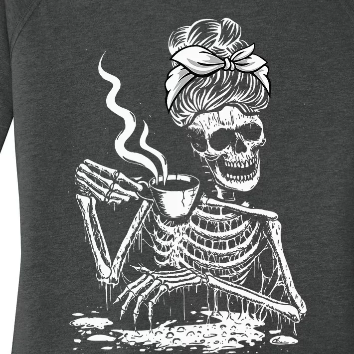 Coffee Drinking Skeleton Lazy DIY Halloween Costume Women's Perfect Tri Tunic Long Sleeve Shirt