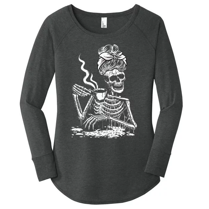 Coffee Drinking Skeleton Lazy DIY Halloween Costume Women's Perfect Tri Tunic Long Sleeve Shirt