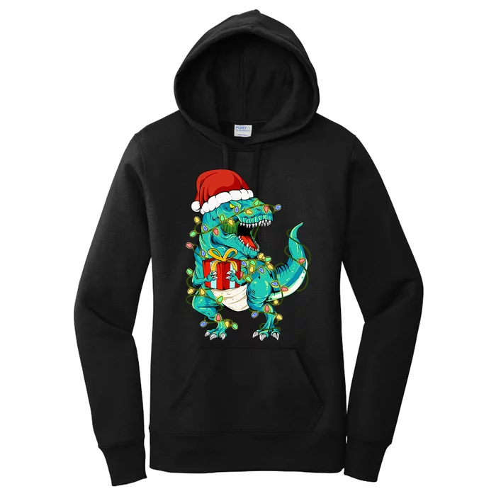 cutes Dinosaur Santa Christmas Tree Lights Women's Pullover Hoodie