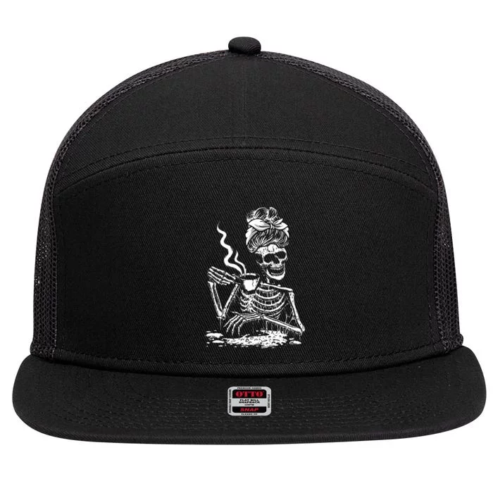 Coffee Drinking Skeleton Lazy DIY Halloween Costume 7 Panel Mesh Trucker Snapback Hat