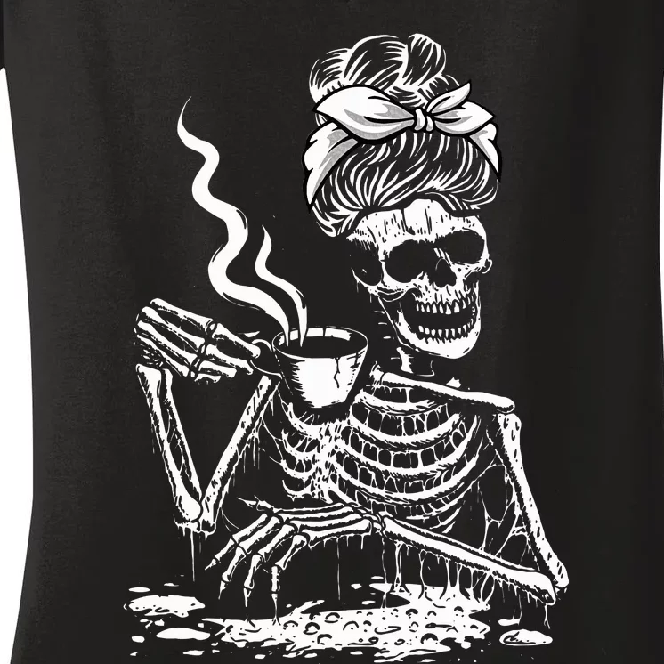 Coffee Drinking Skeleton Lazy DIY Halloween Costume Women's V-Neck T-Shirt