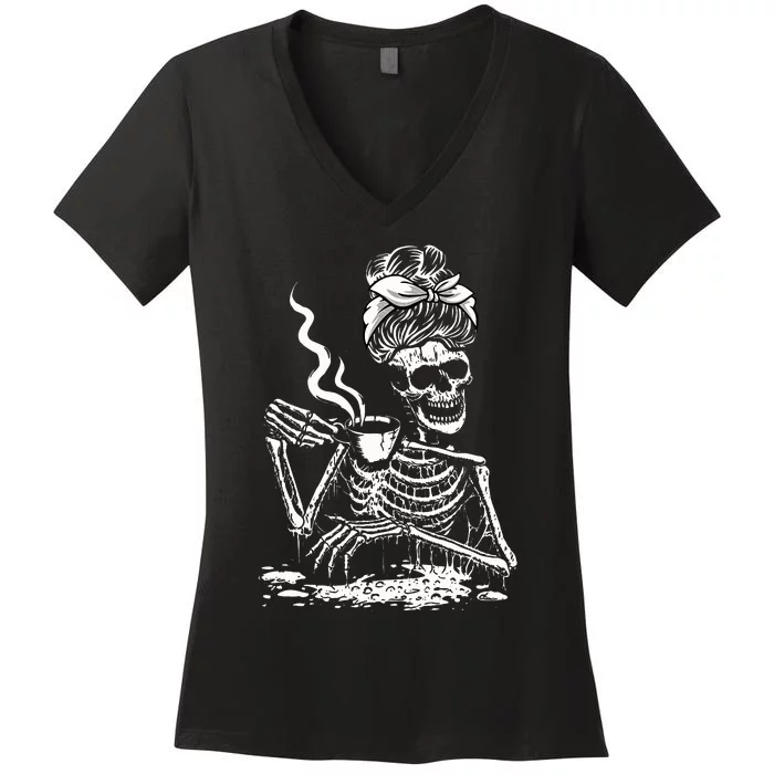 Coffee Drinking Skeleton Lazy DIY Halloween Costume Women's V-Neck T-Shirt