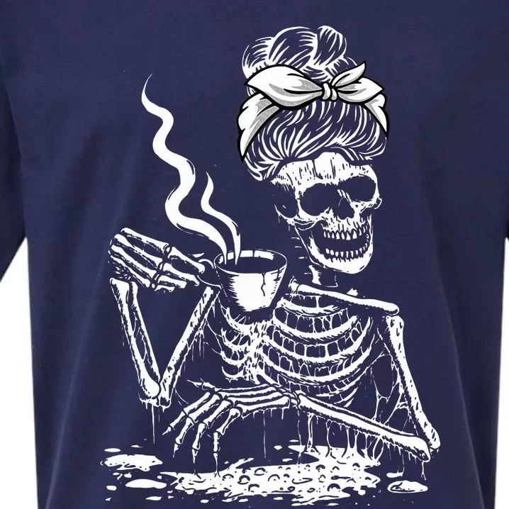 Coffee Drinking Skeleton Lazy DIY Halloween Costume Sueded Cloud Jersey T-Shirt