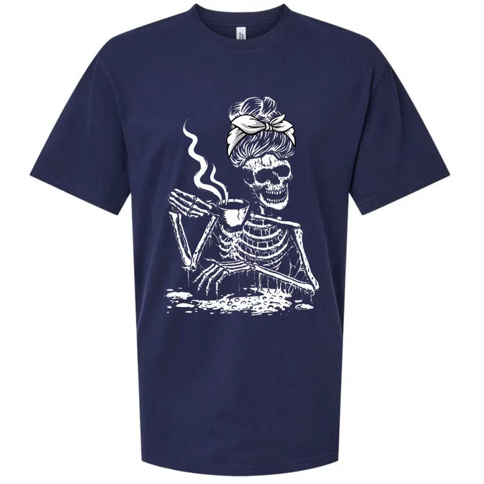 Coffee Drinking Skeleton Lazy DIY Halloween Costume Sueded Cloud Jersey T-Shirt